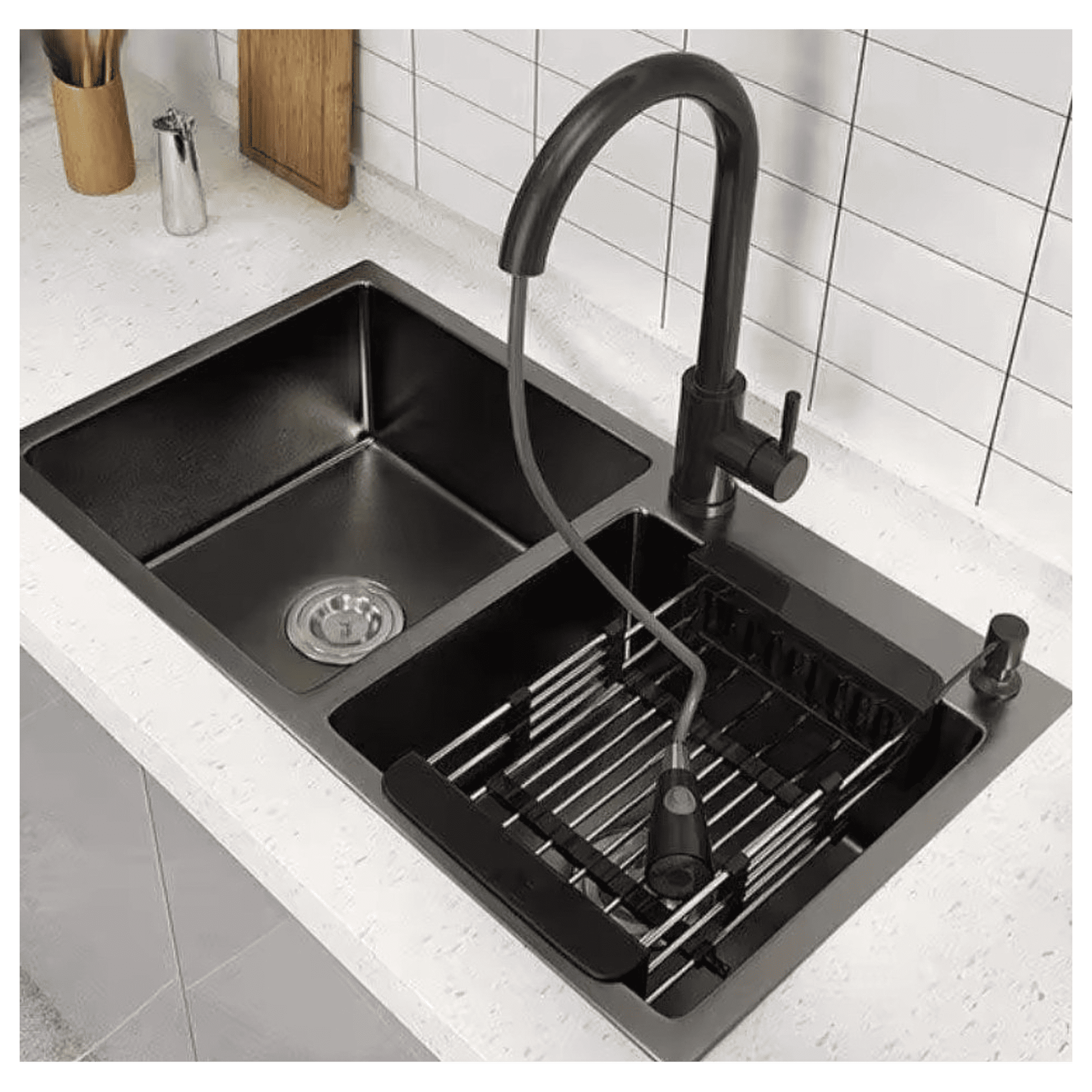 Modern Space - Lavaplatos Negro 78x43 Cm Empotrar + Llave Extraíble + Rejilla + Dispensador De Jabón