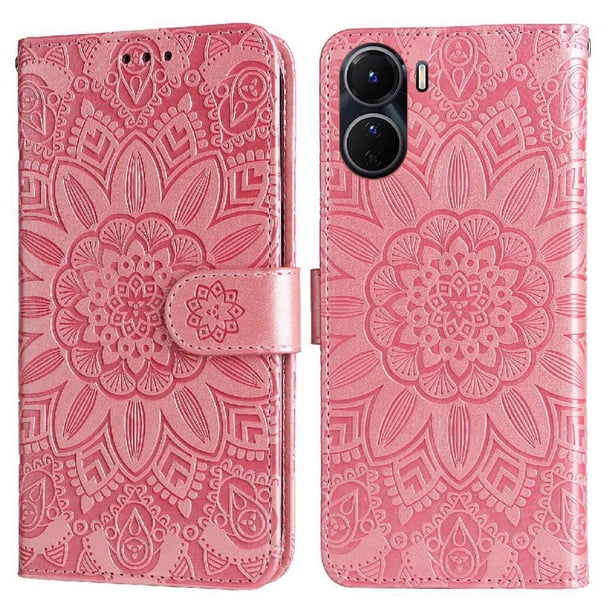 Funda tipo cartera FOXDOCK para Vivo Y16 4G , diseño girasol en relieve, cuero PU, cierre magnético, soporte y tarjetero