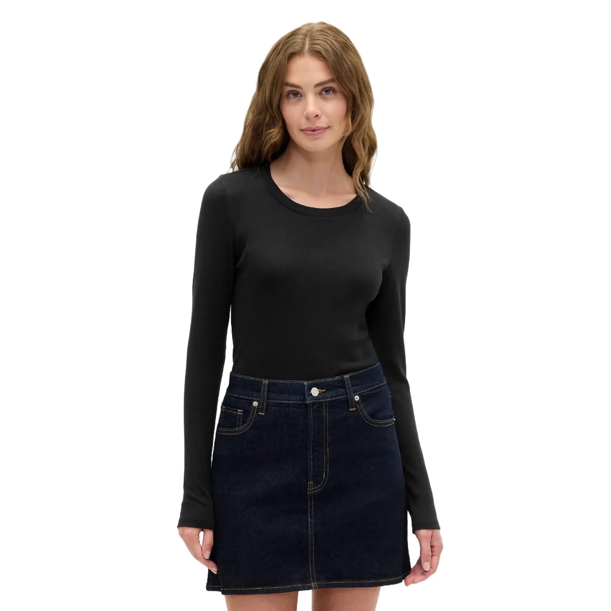 Top Gap Para Mujer, Manga Larga, Cuello Redondo, Tejido Negro, Talla L