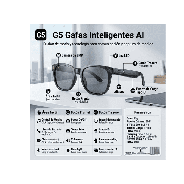 Lentes con Cámara AI Smart Glasses G5 2 G5 Lentes Inteligentes AI + Cámara + Altavoces