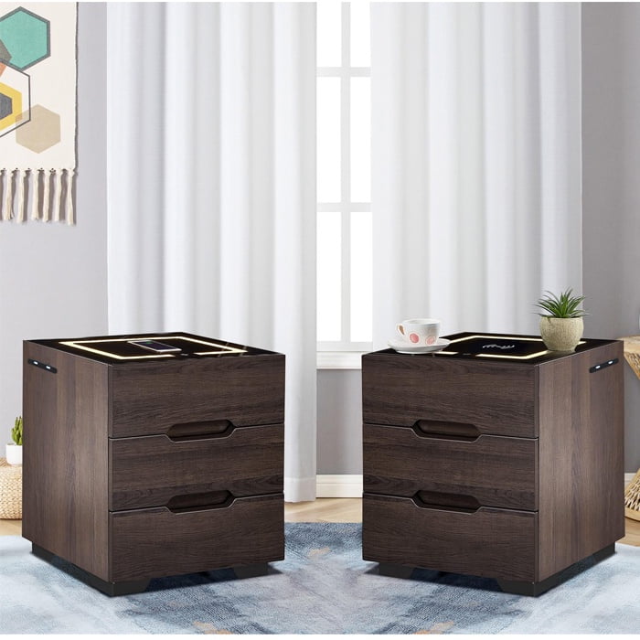 Muebles Santa Ana - Par De Veladores Mesa De Noche Inteligente Con Luz Usb Cargador Inalámbrico