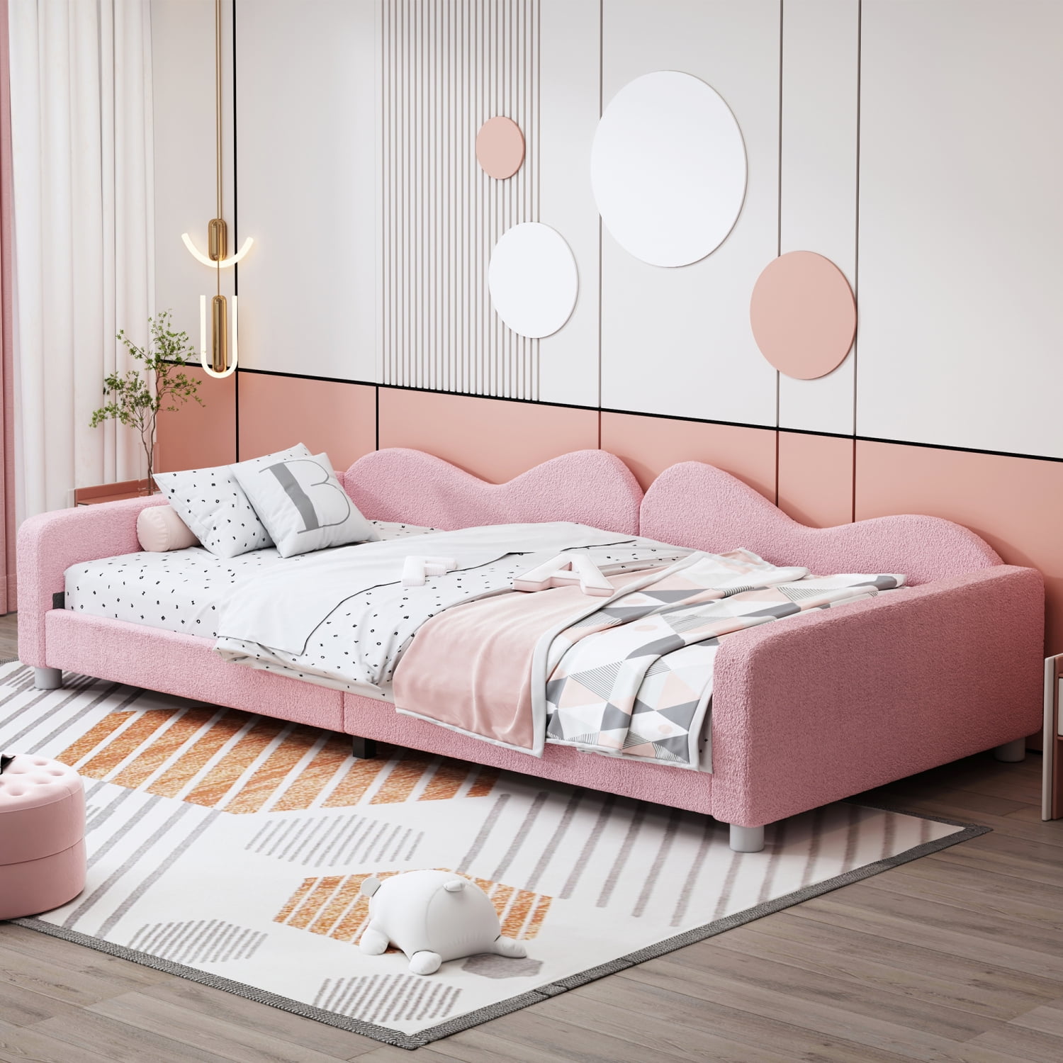 M&ms - Twin Size Upholstered Daybed, Sherpa Fabric Sofabed With Cloud-shaped Backrest, No Box-spring Needed, Pink(old Sku Wf532068aah)