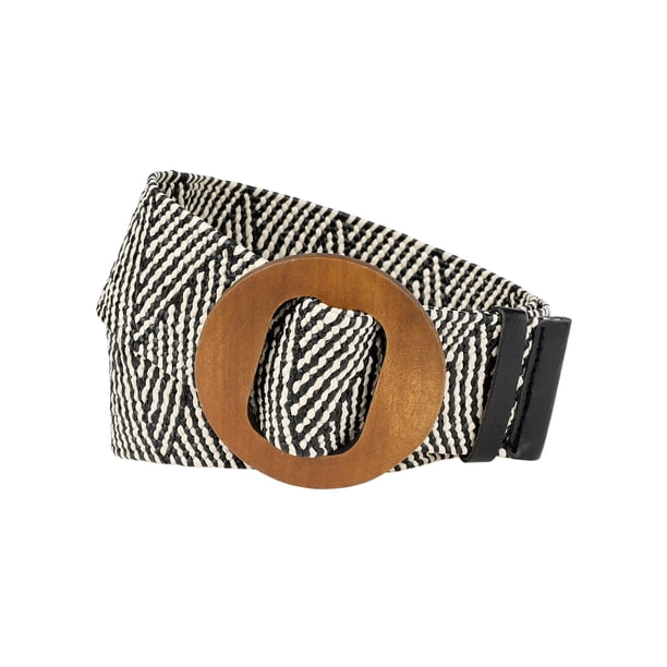 INSPIRE CHIC Cinturones de Mujer Tejidos Elásticos, Hebilla de Madera de Ratán de Paja Cinturón Ancho Elástico para Vestido Rayas Blancas y Negras 23.62-33.46