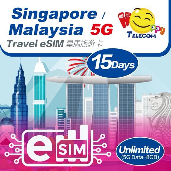 eSIM de viaje HAPPY 5G Singapur/Malasia 15 días ilimitados de 8 GB