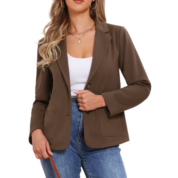 INSPIRE CHIC Blazer de Manga Larga para Mujer con Solapa de Muesca Chaquetas de Traje Vintage para Oficina con Bolsillo XS Marrón