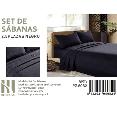 Mundo Shopping - Set De Sabanas King Color Negro 200 Hilos + 2 Funda De Almohada