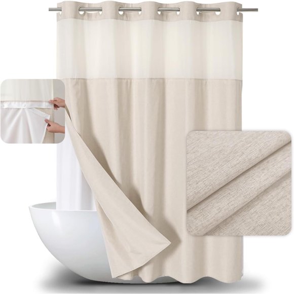 Eachope Cortina de ducha extra larga con textura de lino, sin necesidad de ganchos