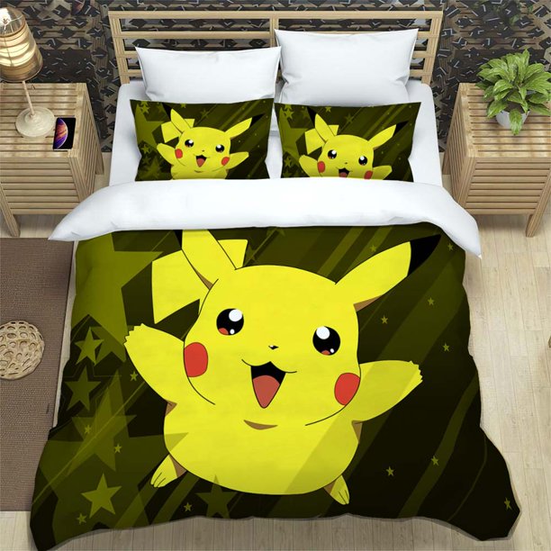 x2086 Bed Sheets Size Cartoon Bedding Set Pikachu ing Home Decoration Pillowcase Quilt Cover Cute Gift To Family and Friends 3-Piece Bedding Set (1 Duvet Cover + 2 Pillow Shams) nj2086