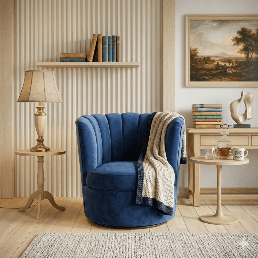 Muebles New - Sitial Flor Giratorio Azul Felpa