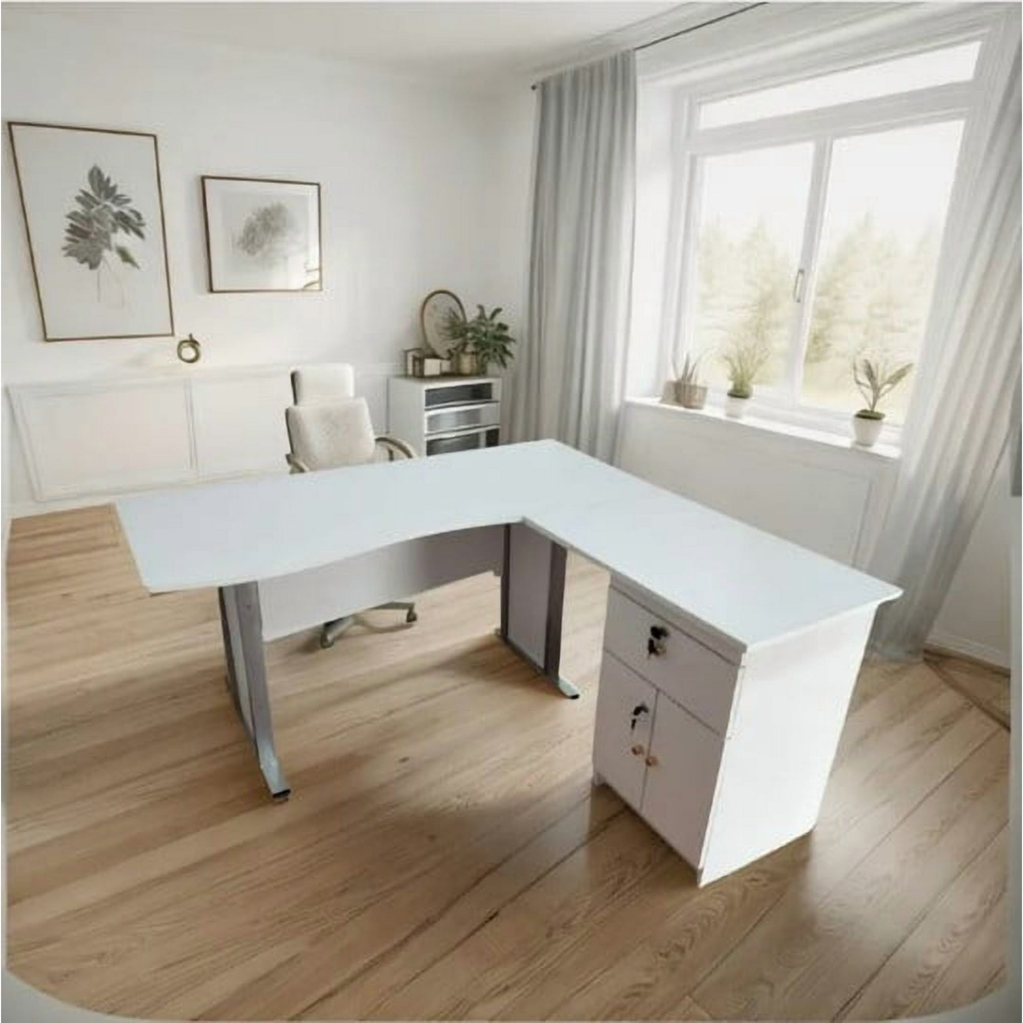 Portal Center - Escritorio Ejecutivo En L Mont Blanc 135 Cm Blanco Con Cajones Bajo Llave