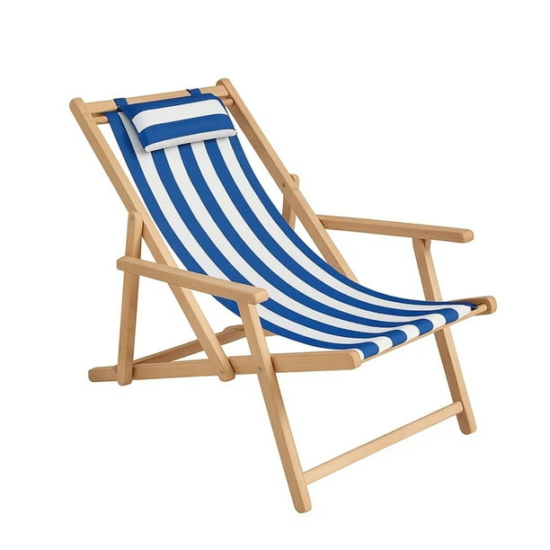 Silla De Playa Reposera Plegable De Lona Y Madera Exteriores - Azul