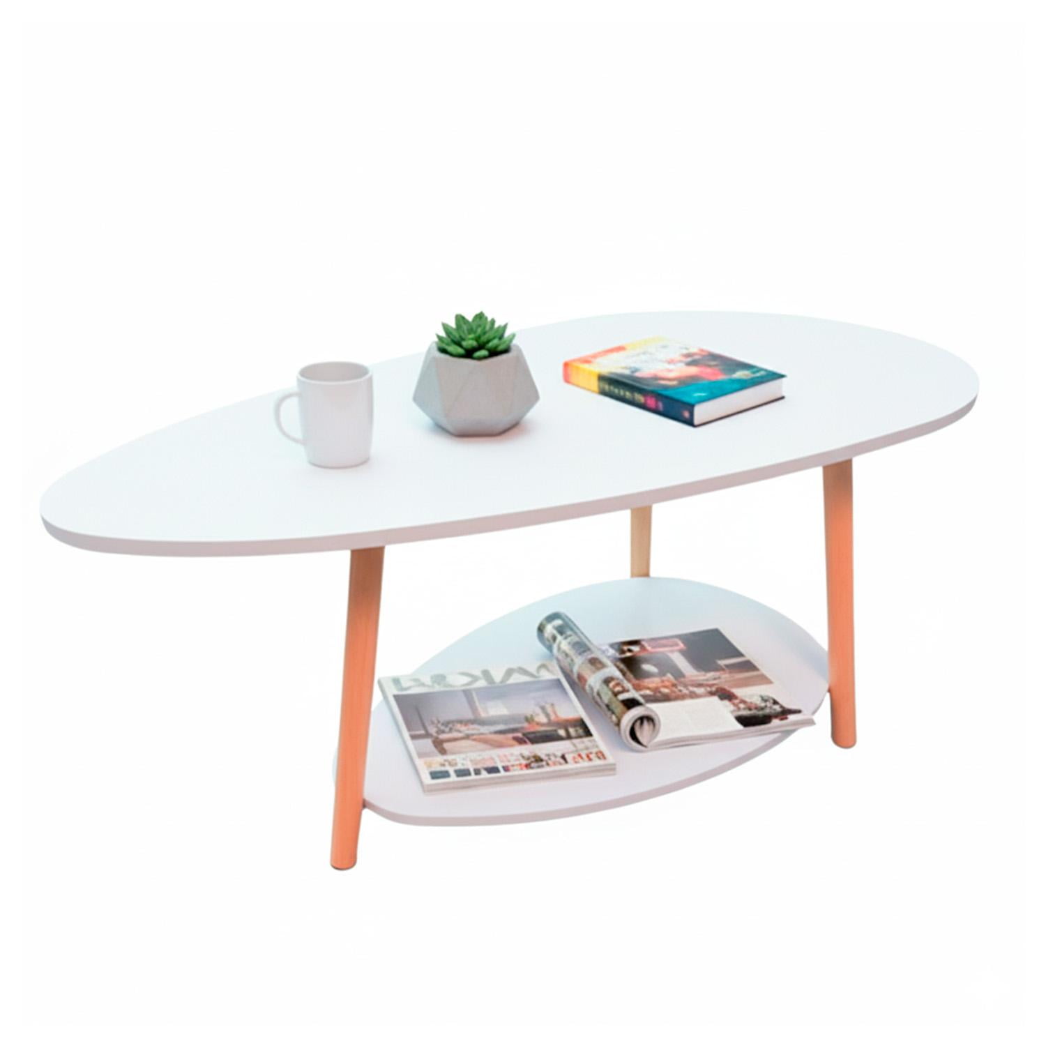 Global Latin Group - Mesa De Centro Ovalada Moderna Minimalista Con Almacenamiento Blanco