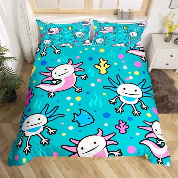 Cartoon Axolotl Duvet Cover Queen SizeSunflower Bedding Set Cute Animal Botanical Comforter Cover Watercolor Yellow Quilt Cover