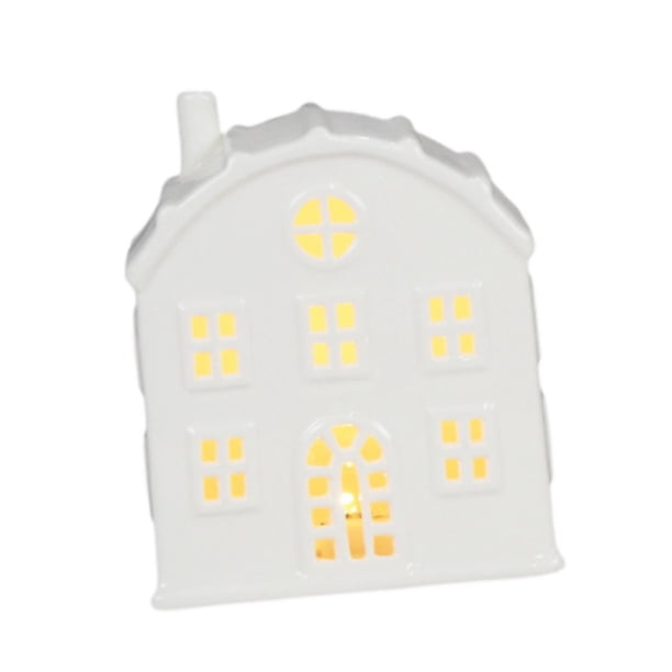 Figura de casa de pueblo navideña iluminada, centro de mesa, luz LED de noche, decoración navideña para escritorio festivo, chimenea , Techo Redondo