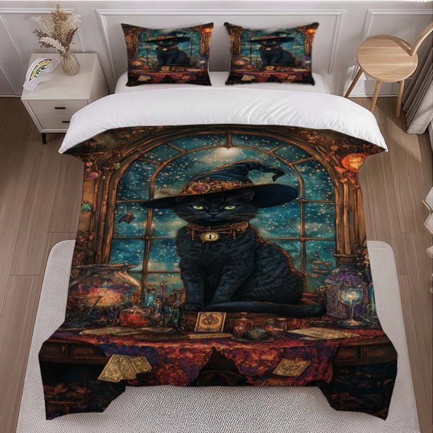 3pcs Magical Black Cat 2 Themed Bedding Set Including Duvet Cover And Pillowcases. Soft And Comfortable