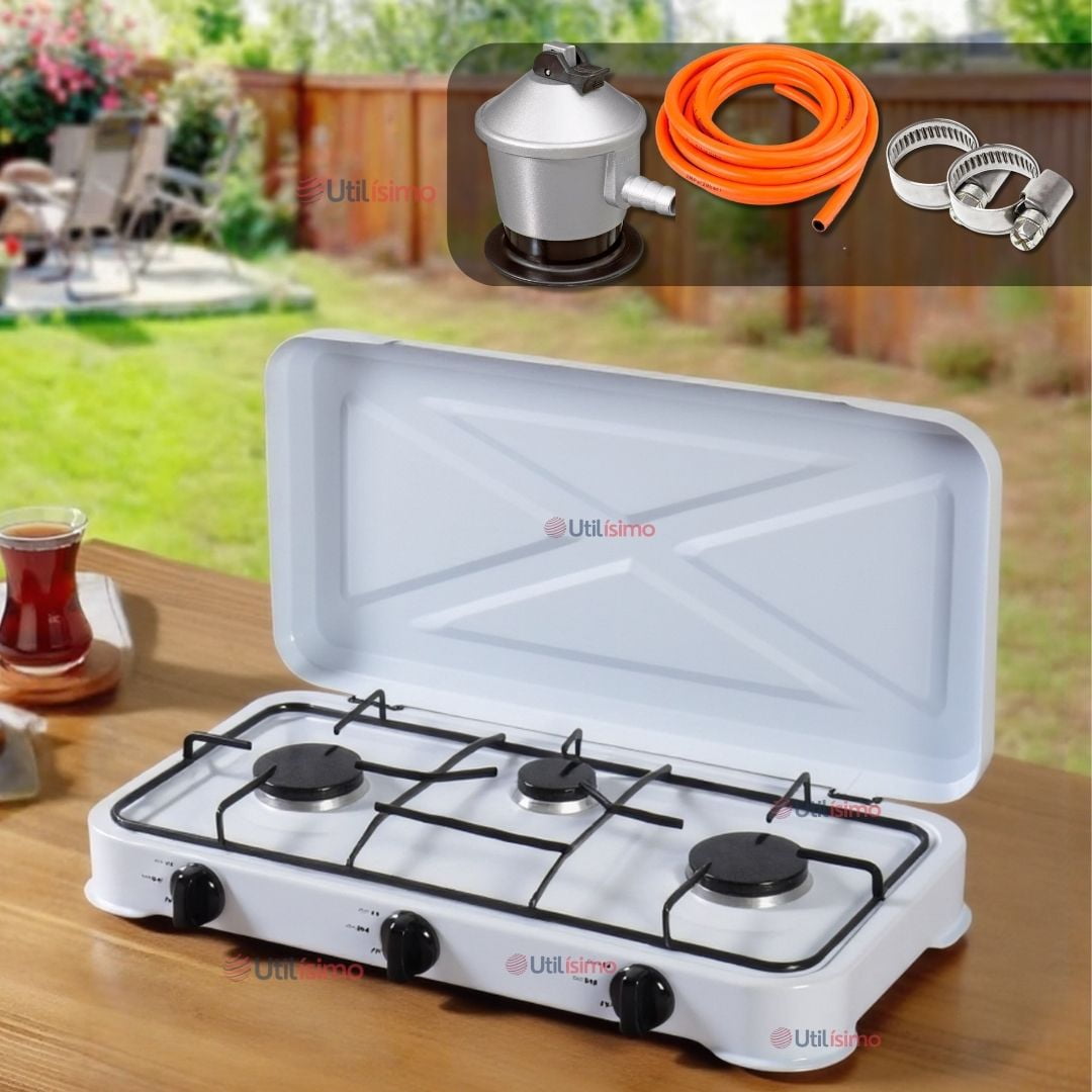 Line - Cocina Encimera A Gas Licuado 3 Platos + Kit De Instalación Cocinilla Blanca