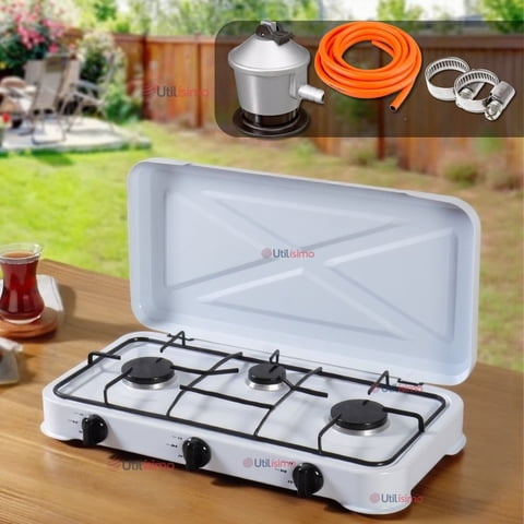 Line - Cocina Encimera A Gas Licuado 3 Platos + Kit De Instalación Cocinilla Blanca