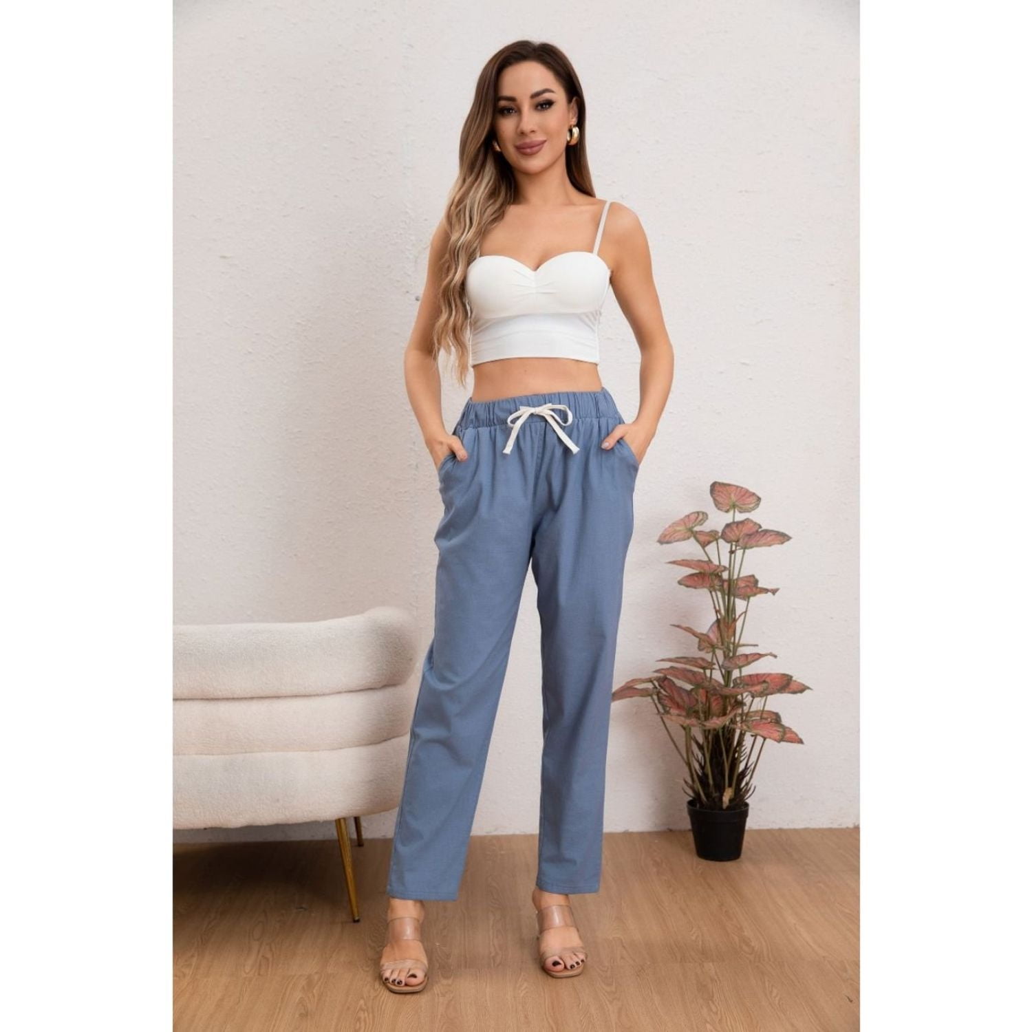 Likeshop - Pantalón Mujer Semi Pitillo Algodón Tipo Lino Tiro Alto 7004