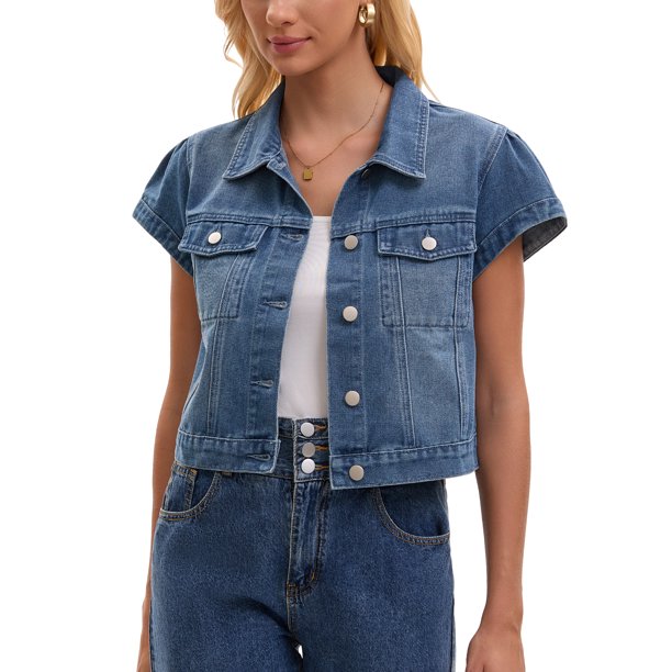 INSPIRE CHIC Chaqueta de Mezclilla para Mujer con Mangas Cortas, Botones y Bolsillos, Chaquetas Clásicas de Jean 2XL Azul