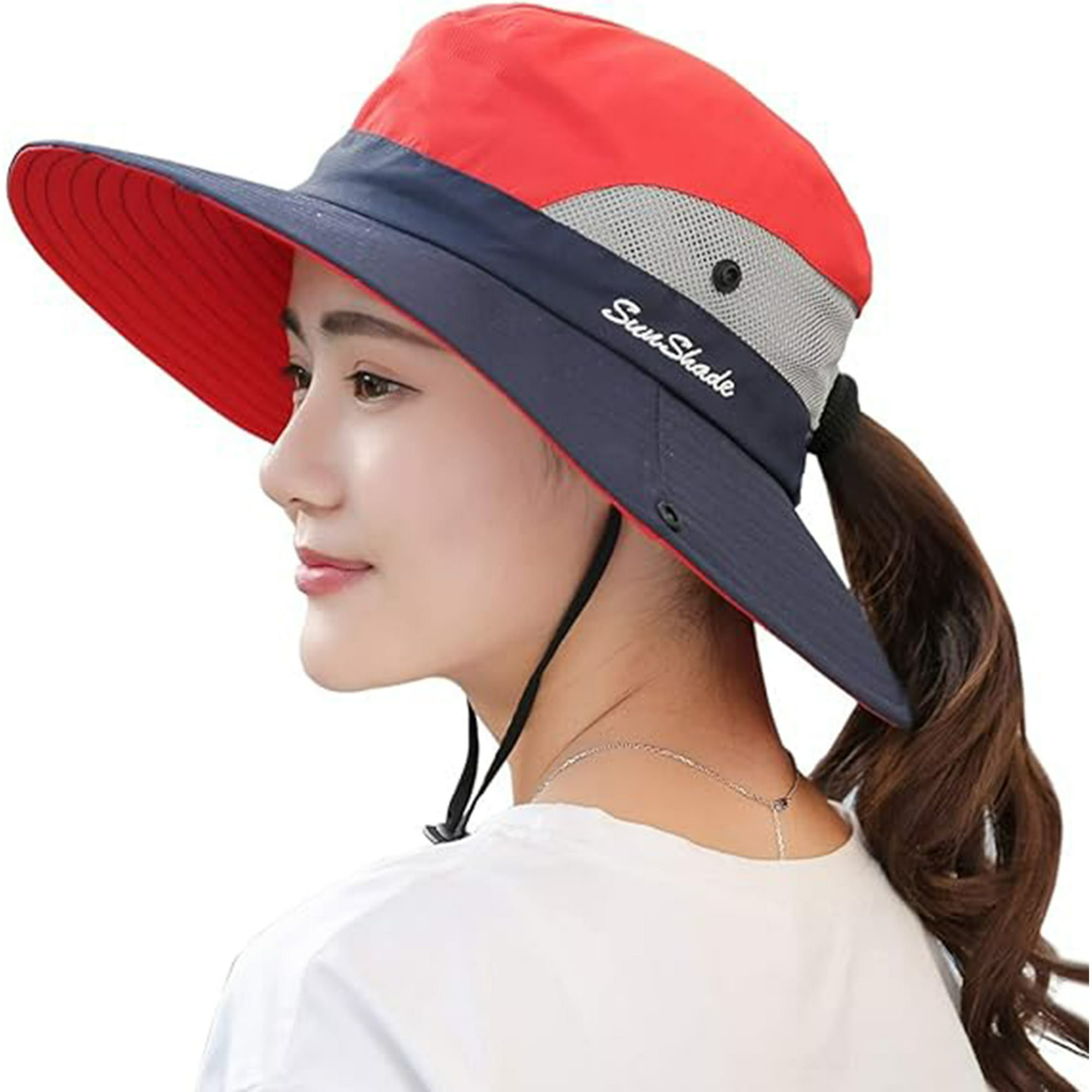 Veatool - Sombreros Plegables Con Protección Uv Para Mujer, De Malla Y Ala Ancha, Para Pescar En La Playa, Con Agujero Para La Coleta