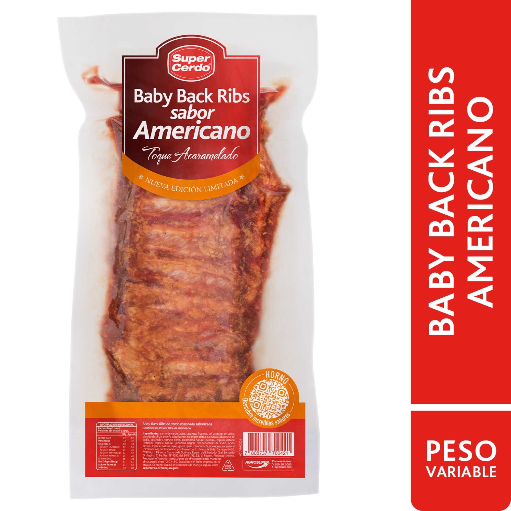 Costillar De Cerdo Baby Back Ribs Americano 300 g Super Cerdo