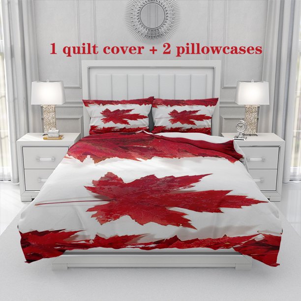 3pcs Bright Red Leaves Symmetrical Composition Showing The Natural Beauty of Autumn Theme Print Three Piece Bedding Set Soft Duvet Cover And Two Pillowcases
