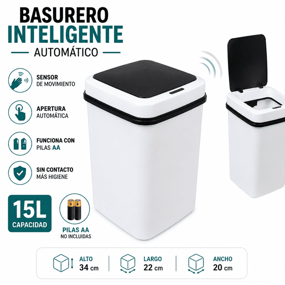 Basurero Inteligente Automático 15 Litros con Sensor de Movimiento | Apertura Sin Contacto