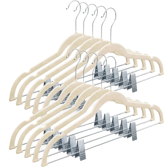 Paquete de 10 perchas de terciopelo con clips para pantalones y faldas, color marfil
