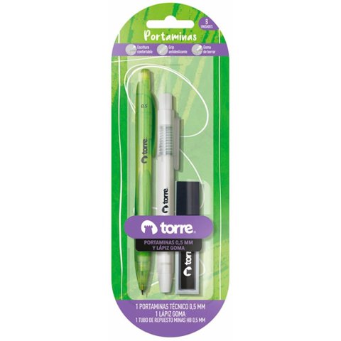 Torre - Portaminas Plástico + Minas 0.5 Mm + Lápiz Goma –