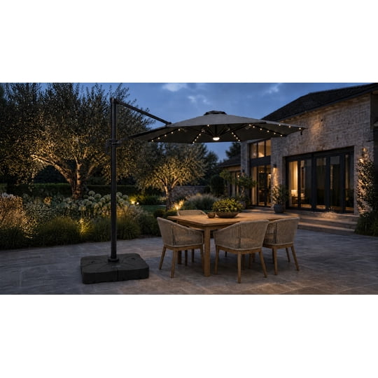 Aleria - Quitasol Reforzado Tramontana Con Base Y Luces Grafito 300cm Con Manivela