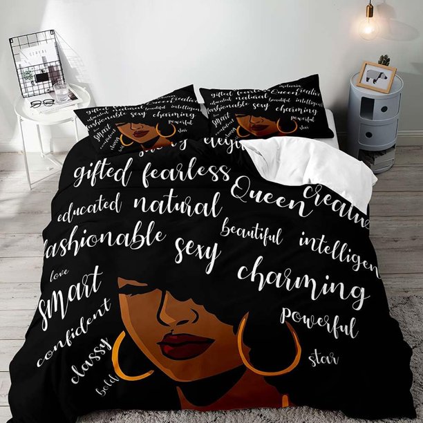 3PCS Sexy Black Girl Duvet Cover Queen Set Pink Bag High Heels Get Naked Inspirational Quotes African American Bedding Set