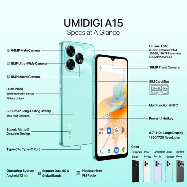 UMIDIGI A15 - 6.7pulg. Android 13, Dualsim, 8+256GB, 64mpx | Lider