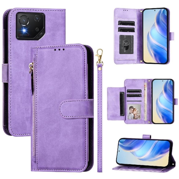 Funda tipo libro para ASUS ROG Phone 8/8 Pro con bolsillo con cremallera, cierre magnético, 7 ranuras para tarjetas y correa para la muñeca.
