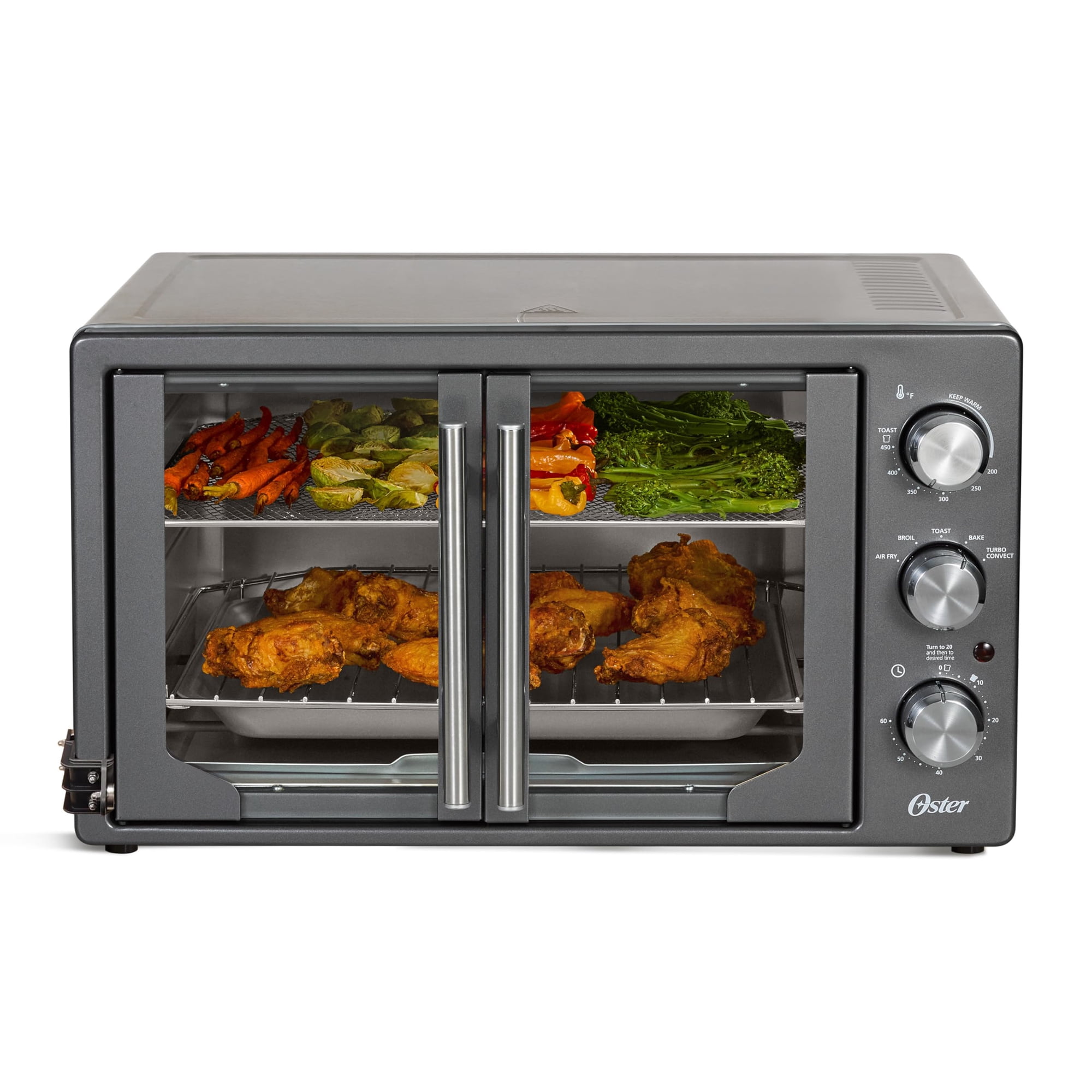 Oster - Horno Tostador De 42 L Con Puertas Francesas Freidora De Aire 6 En 1