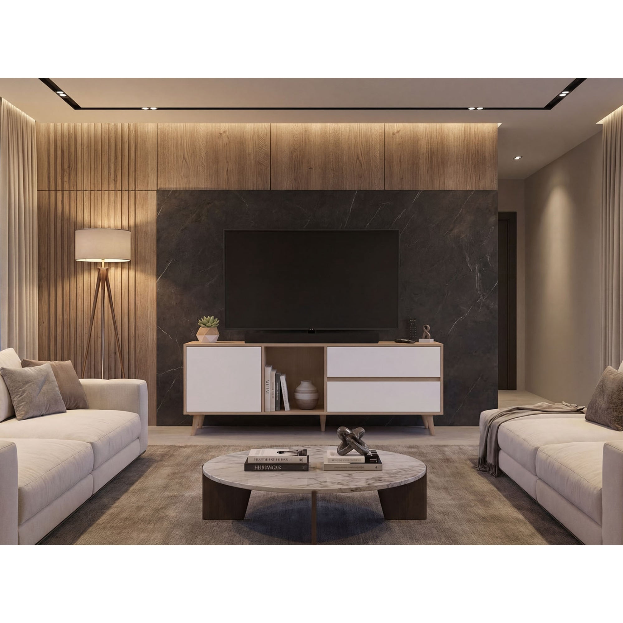 Tuhome - Rack De Tv 60" Salem 1 Puerta 2 Cajones, Rovere Y Blanco 58,4x158,4x45,6 Cm
