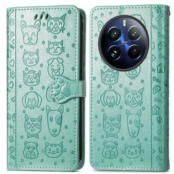 Funda Cartera FOXDOCK para Realme 12 Pro , Flip PU con Relieve de Gatos y Perros, Tarjetero y Soporte