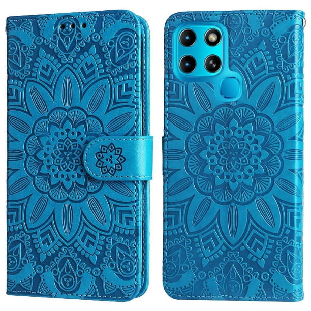 Funda tipo cartera FOXDOCK para Infinix Smart 6 , diseño girasol en relieve, cuero PU, cierre magnético, soporte y tarjetero