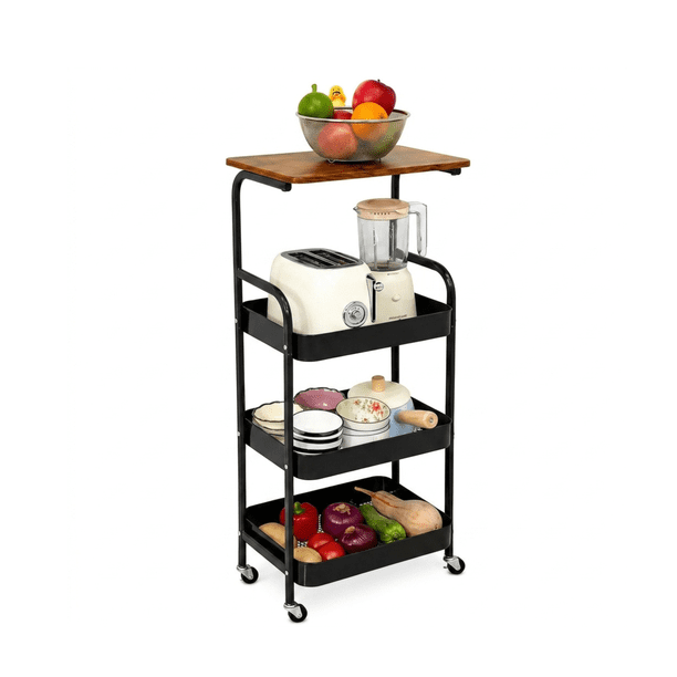 Carrito Auxiliar De Cocina 4 Niveles Con Repisa De Madera y ruedas 104x30x43 cm