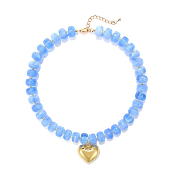 Collar Wassazi Azul con Cuentas Gruesas y Dije de Corazón Abultado
