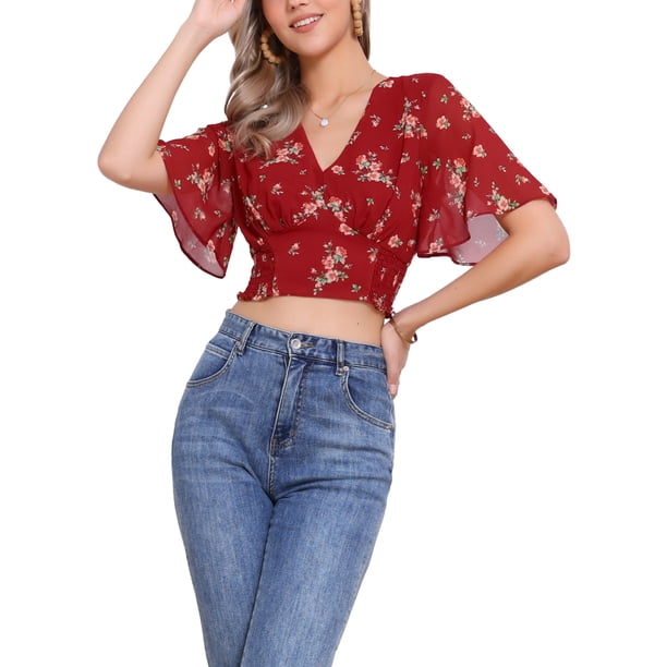 INSPIRE CHIC Blusa corta floral de mujer con cuello en V y mangas acampanadas, dobladillo fruncido, roja, talla M