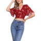 thumbnail image 1 of INSPIRE CHIC Blusa corta floral de mujer con cuello en V y mangas acampanadas, dobladillo fruncido, roja, talla M, 1 of 6
