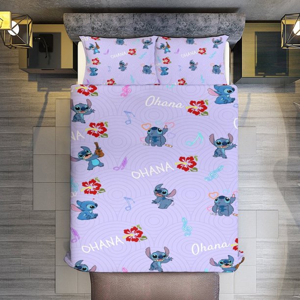 3 Pieces Ohana Stitch Bedding Comforter Set Full with 2 Pillowcases for Kids Teens Girls Women Microfiber Easy Wash Light Breathable Cozy White Base Bed Sheets