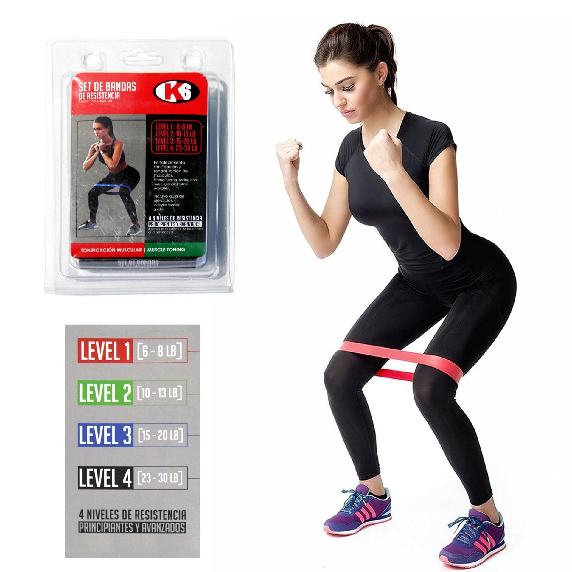 K6 Fitness - Set Banda Elástica K6 De Resistencia X4