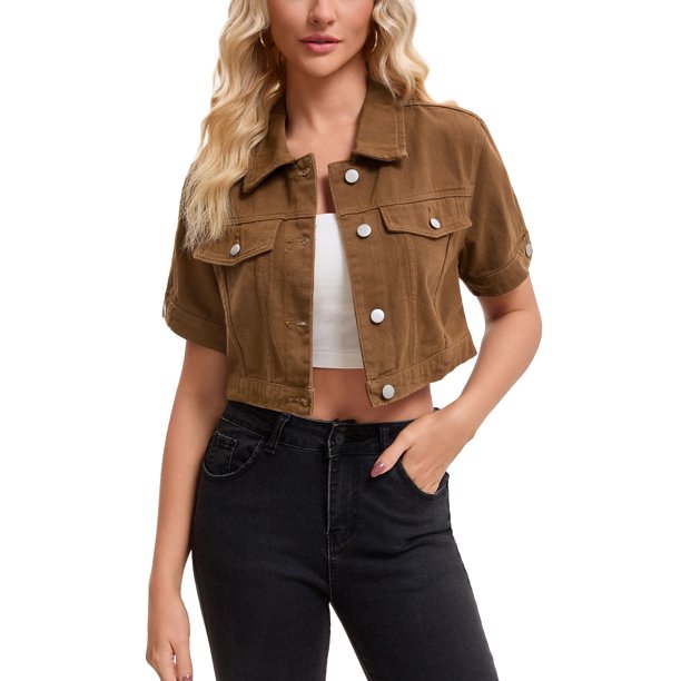 INSPIRE CHIC Chaqueta de Jean Recortada de Manga Corta con Botones y Desgastada para Mujer de Regreso a Clases Marrón Oscuro XL