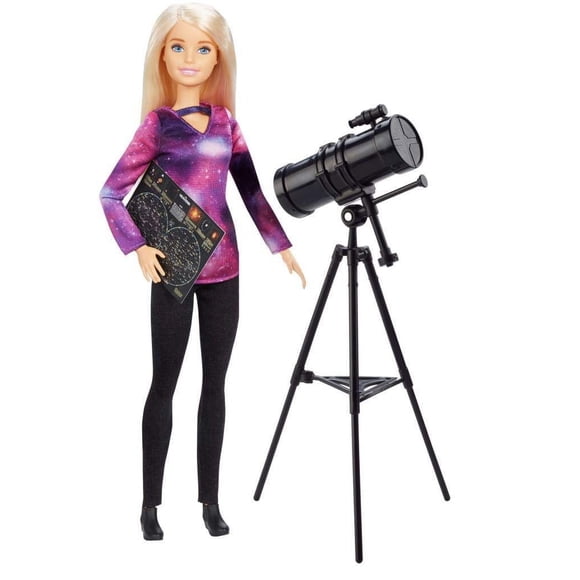 Muñeca Barbie astrofísica con telescopio y mapa estelar, rubia