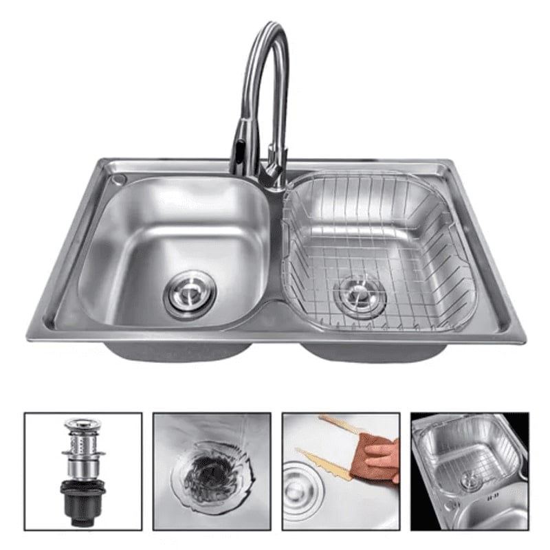 Genérico - Lavaplatos Doble 78x42 Sobrecubierta Con Grifo Acero Inoxidable