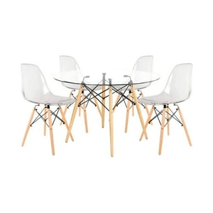 Klik Muebles - Comedor Mesa Eames De Vidrio 80Cm - 4 Sillas Eames Transparentes
