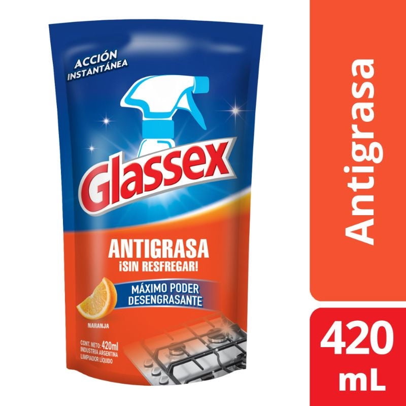 Glassex - Antigrasa Líquido Naranja Repuesto Doypack