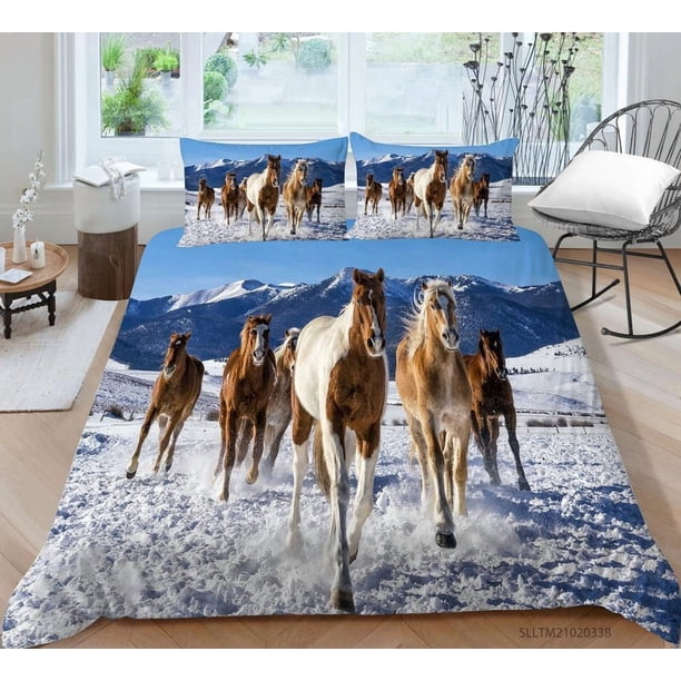 Running Horse Print Quilt Duvet Cover Set Children Bedding Soft3-Piece Bedding Set