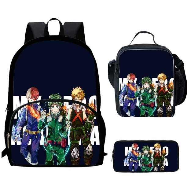 3Pcs Set My Hero Mochila Academia Backpacks with Lunch Bags Pencil Case ,Cartoon Large Capacity School Bags for Grade 1-5